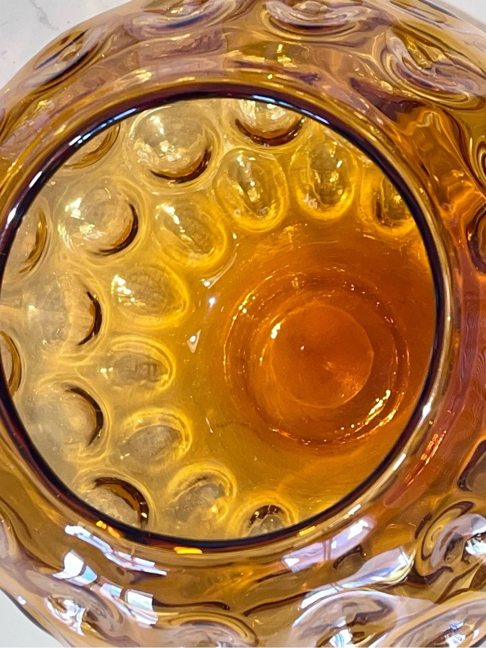 Amber colored hand blown thick ball vase glass orb 7”x7”